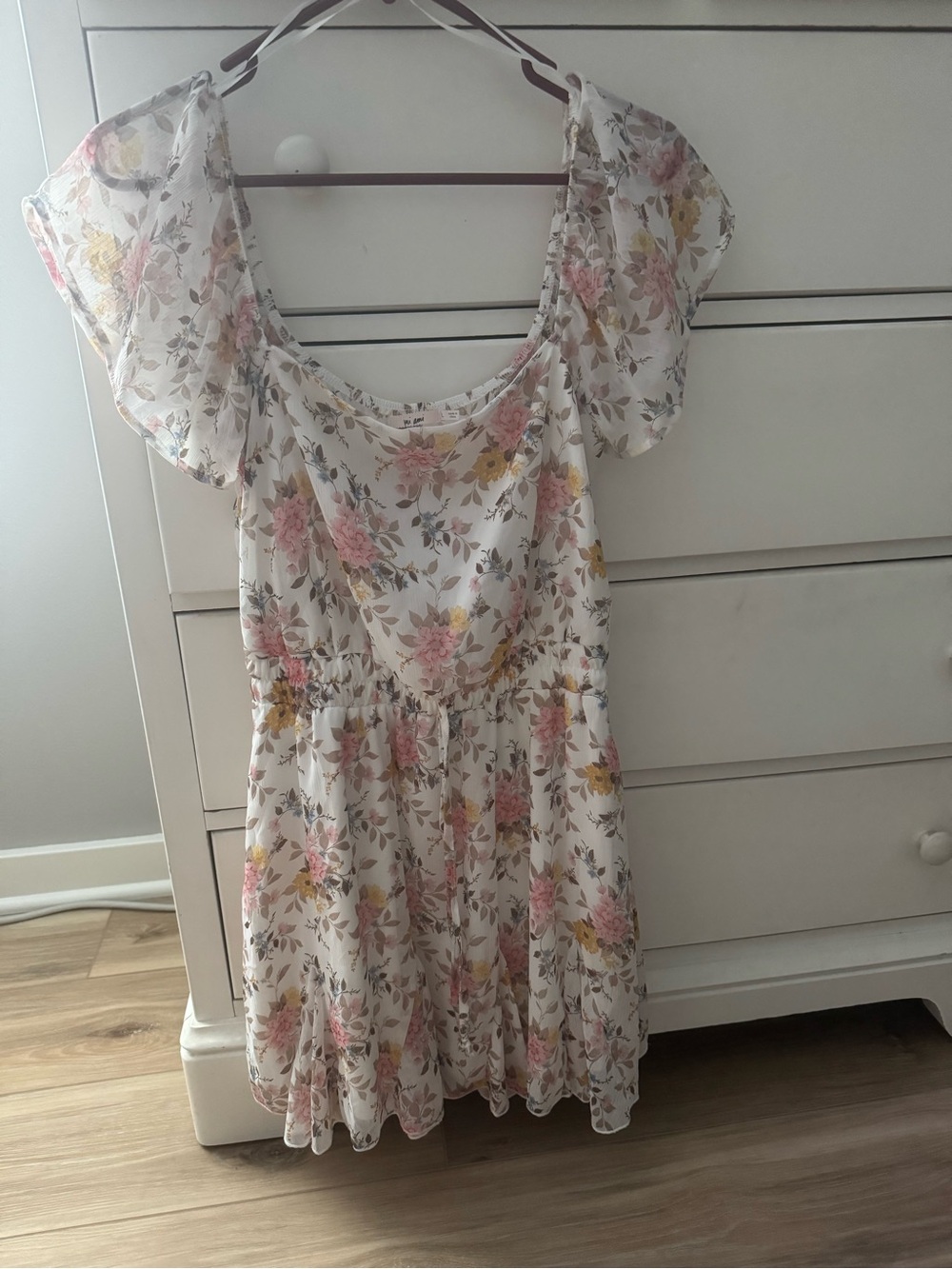 Women's Floral Off the Shoulder Summer Dress - White with Pink & Yellow Flowers